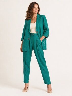 Vintage 100% Linen Debbie Shuchat Green Linen Pantsuit 4/6